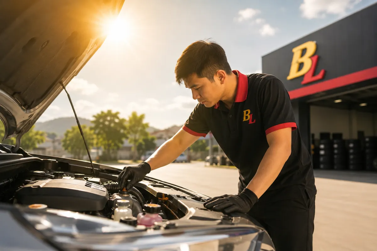 Kỹ thuật viên Bình Linh Auto kiểm tra lốp, nước làm mát và điều hòa ô tô trước mùa nắng nóng tại Nghệ An.
