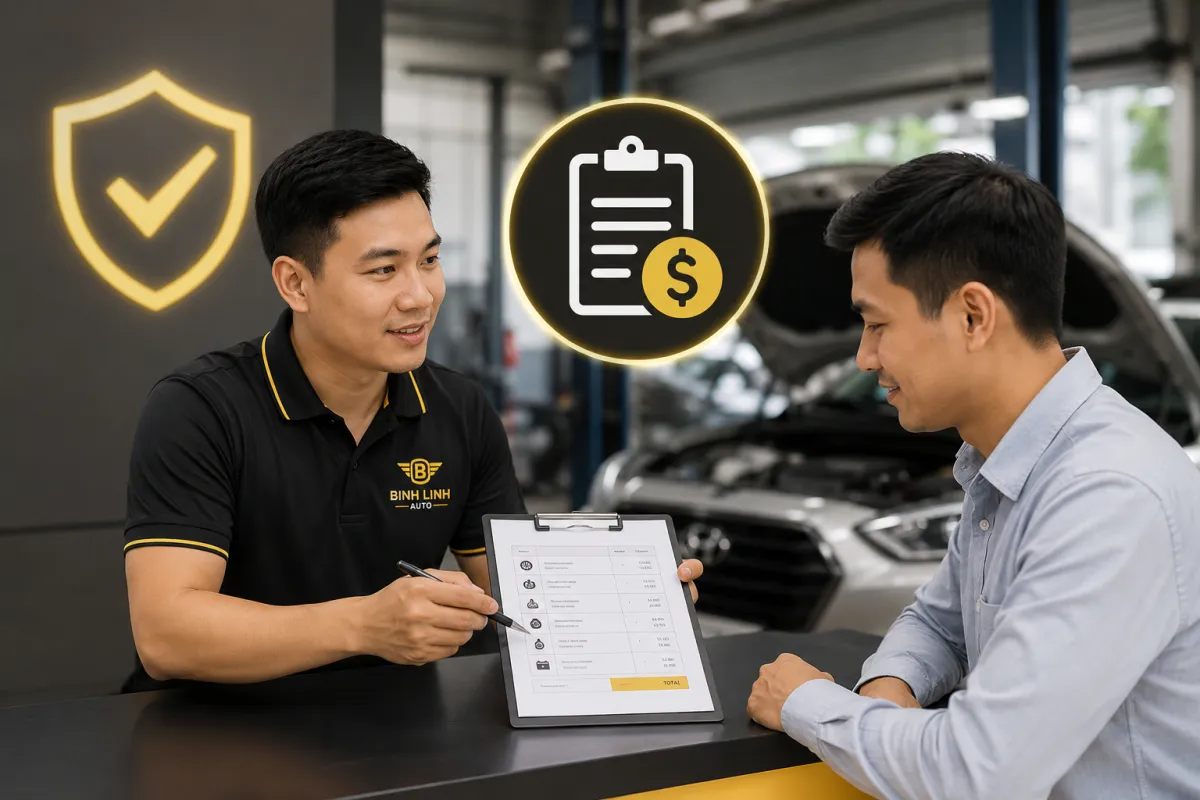 Cố vấn dịch vụ Bình Linh Auto tư vấn và báo giá minh bạch cho khách hàng trước khi bảo dưỡng ô tô.