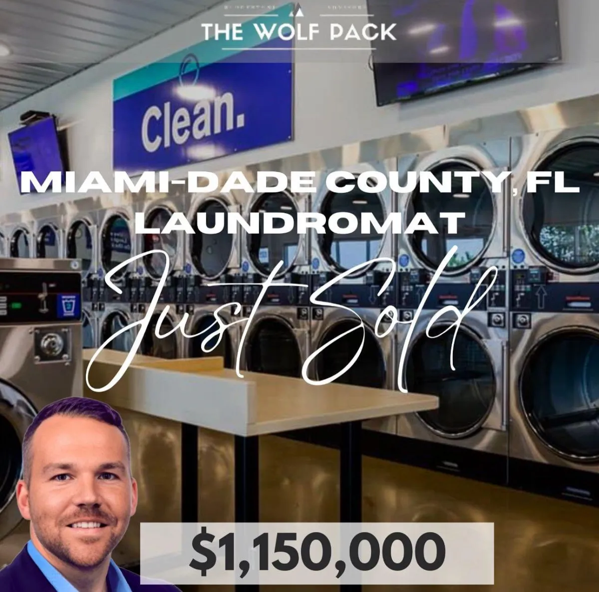 nterior of a laundromat recently sold in Miami-Dade County, Florida, with rows of washing machines and dryers in a well-maintained space.