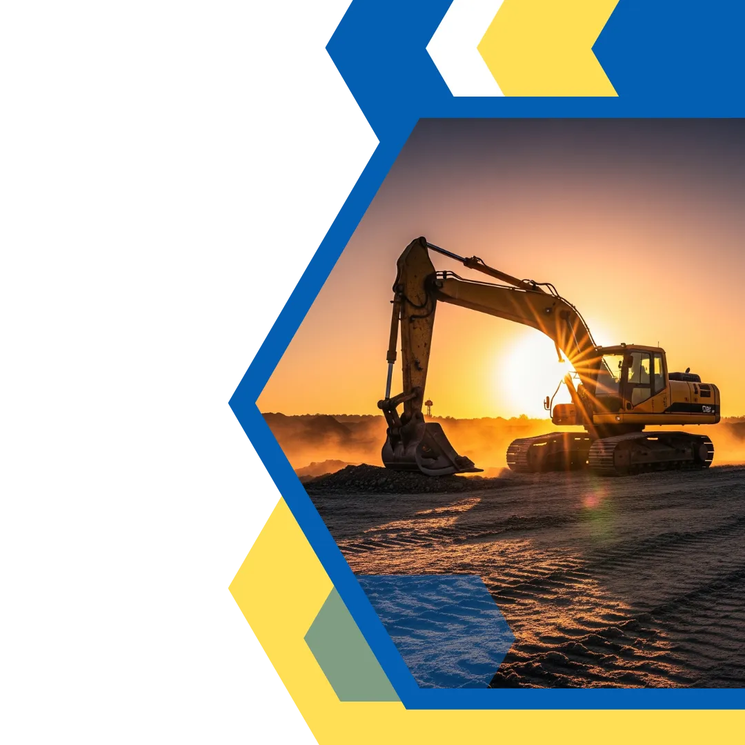 large excavator silhouetted against a dramatic sunrise 