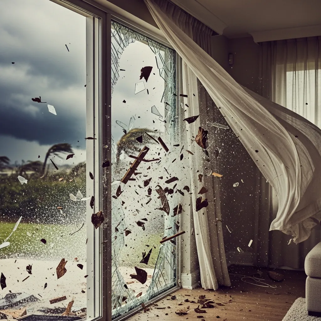 A Florida home destroyed by a hurricane with the roof torn off and interior exposed, showing how a single broken window or door can cause catastrophic structural failure.