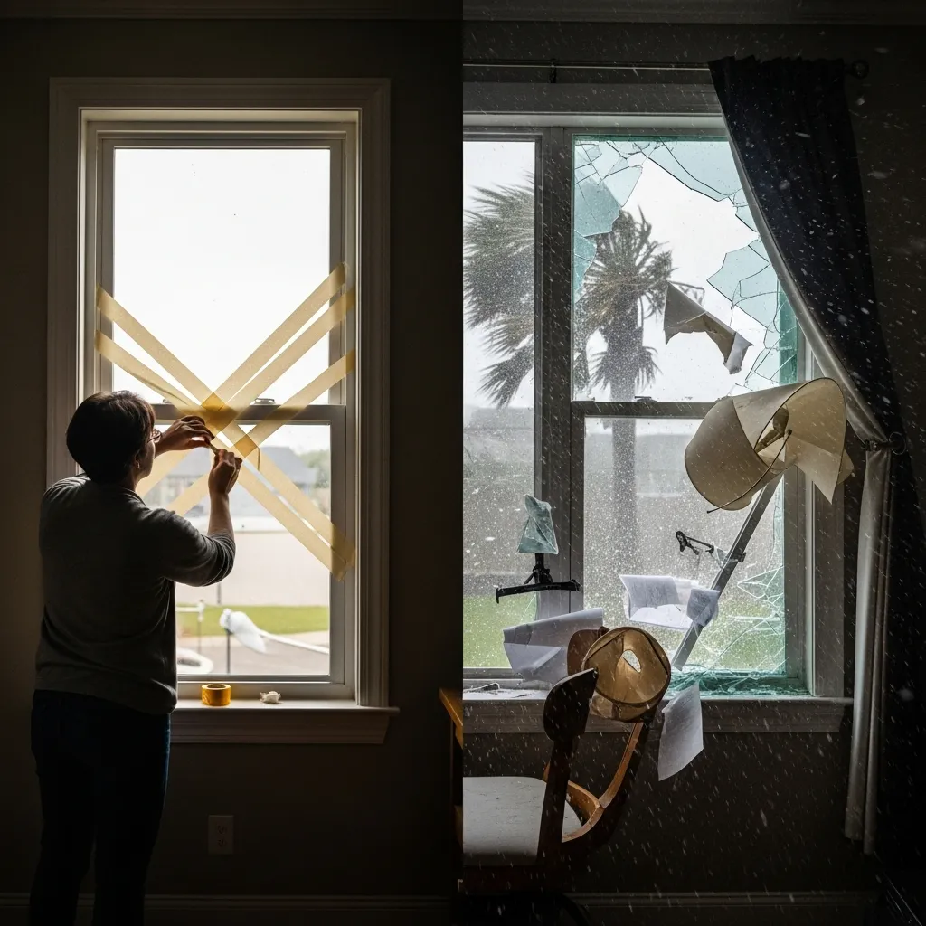 Hurricane winds breaking through taped windows of a Florida home, showing how outdated preparation methods can increase damage instead of preventing it.