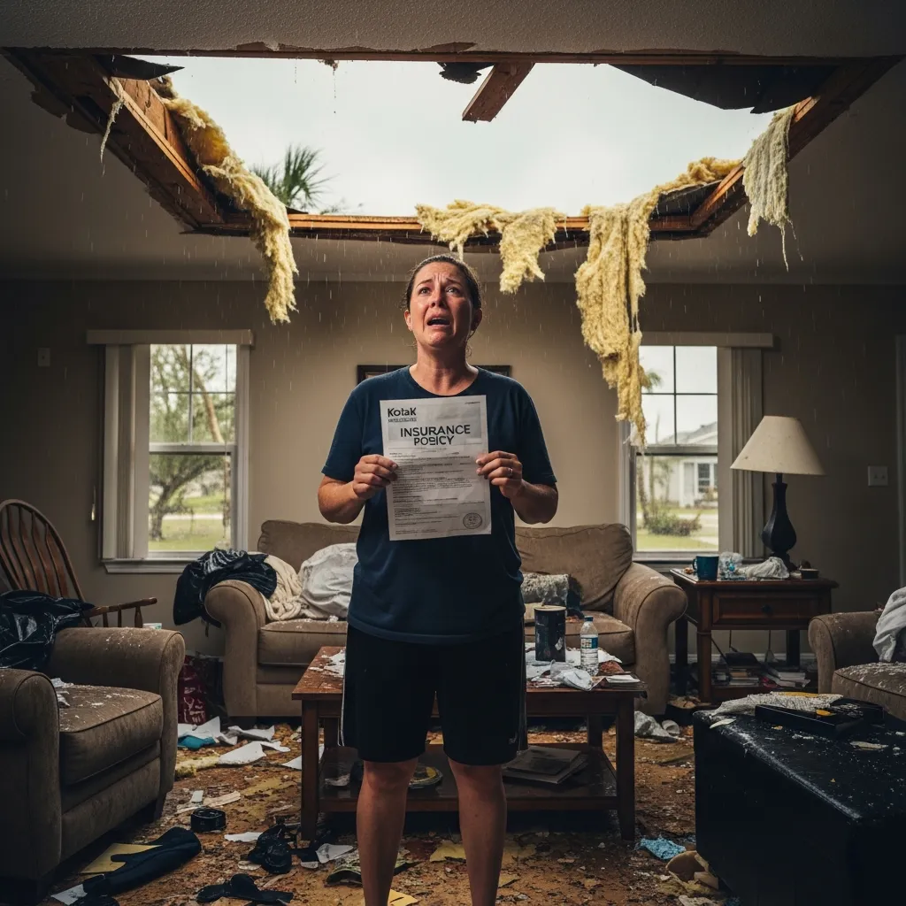 Homeowner reviewing insurance policy inside a hurricane-damaged home, revealing coverage gaps that lead to major financial loss.