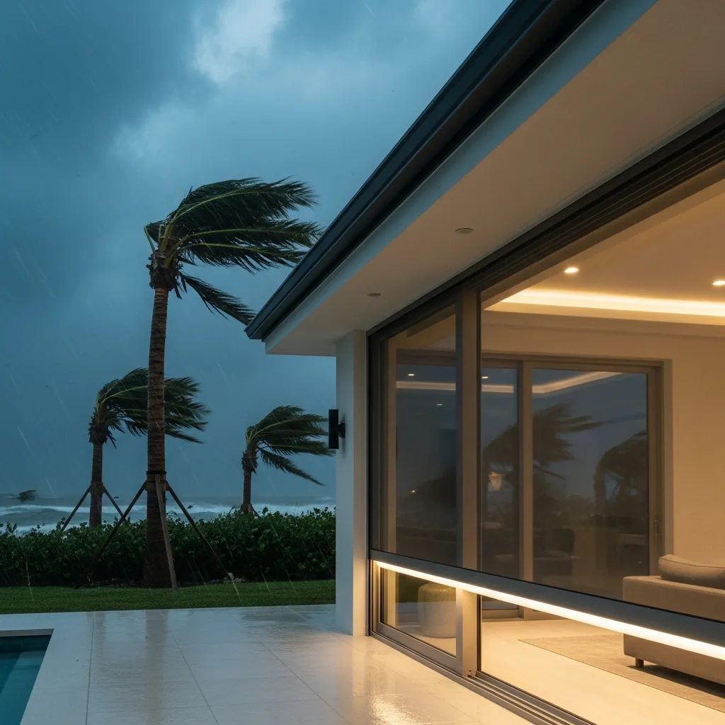 Motorized hurricane screen deploying over large sliding glass door as storm approaches, sealing the home in 60 seconds for hurricane protection.