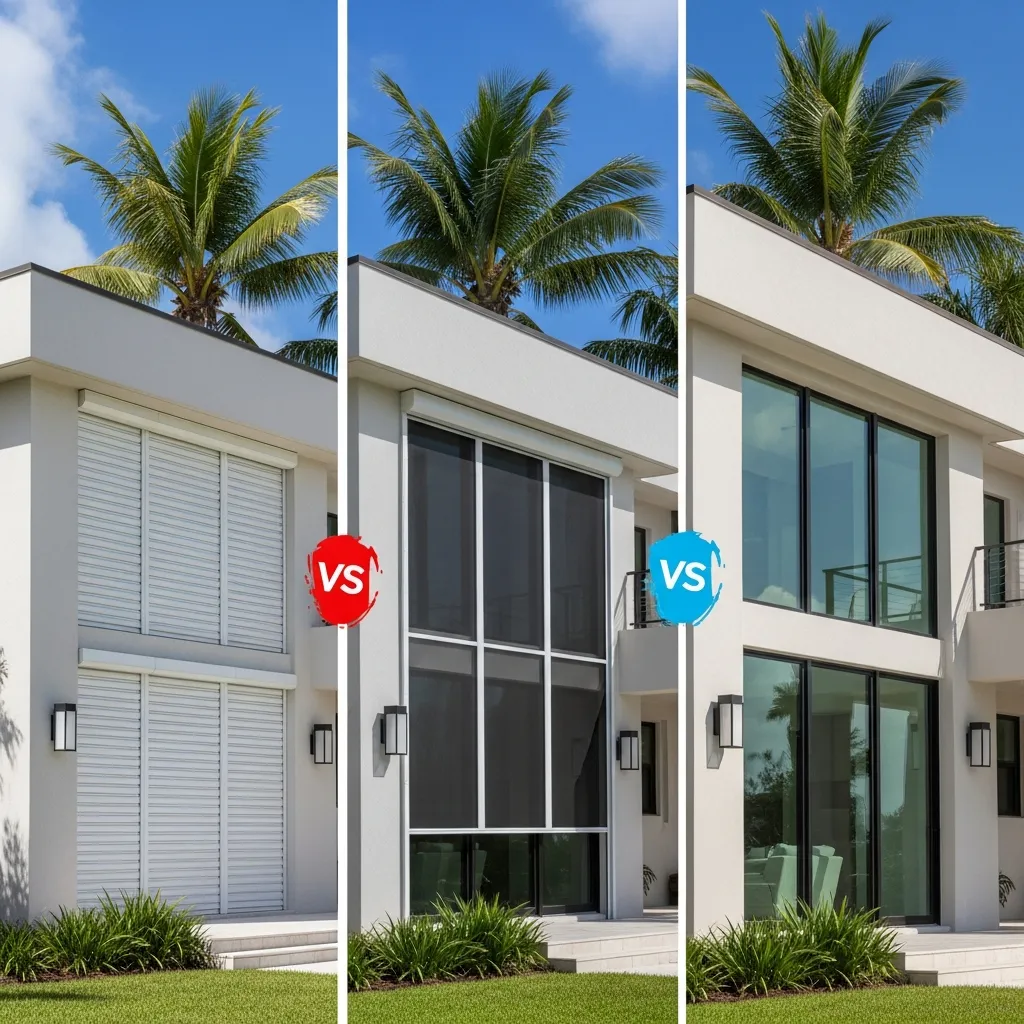 Side-by-side comparison of three hurricane protection methods on the same modern Florida home — rolling shutters on left panel, motorized hurricane screens in center panel, and impact-resistant glass windows on right panel