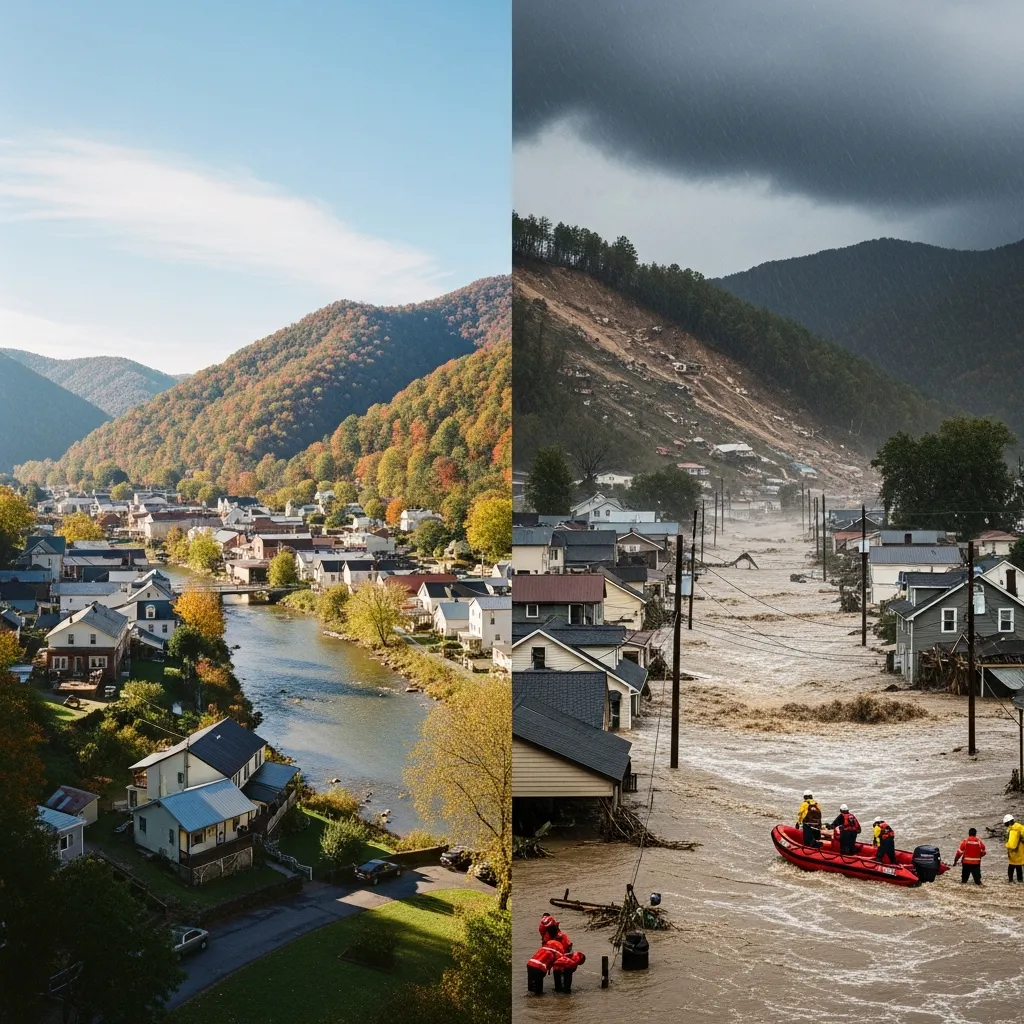 Mountain town before and after hurricane flooding, showing expanding inland storm risk.