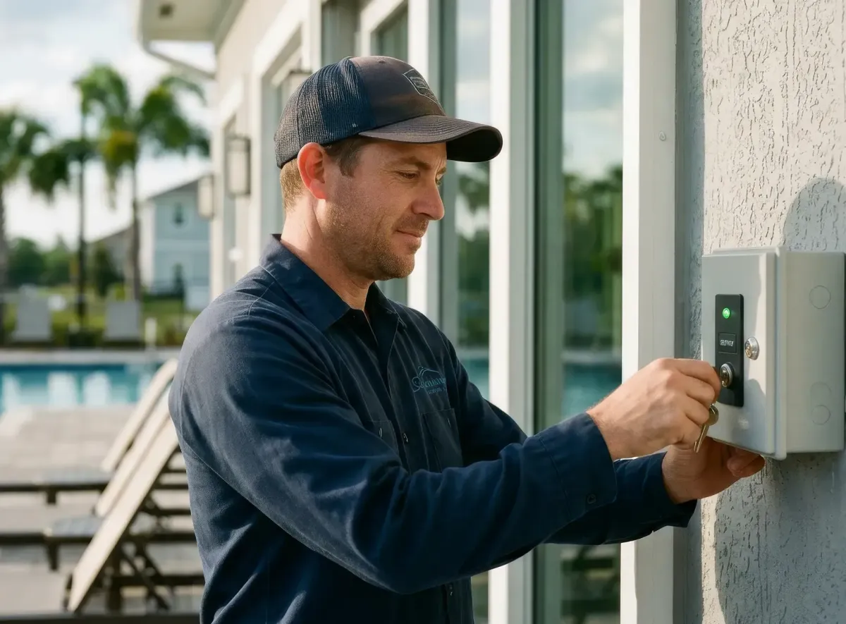 MaxForce certified installer deploying hurricane screens at HOA or multi-family residential community outdoor common area
