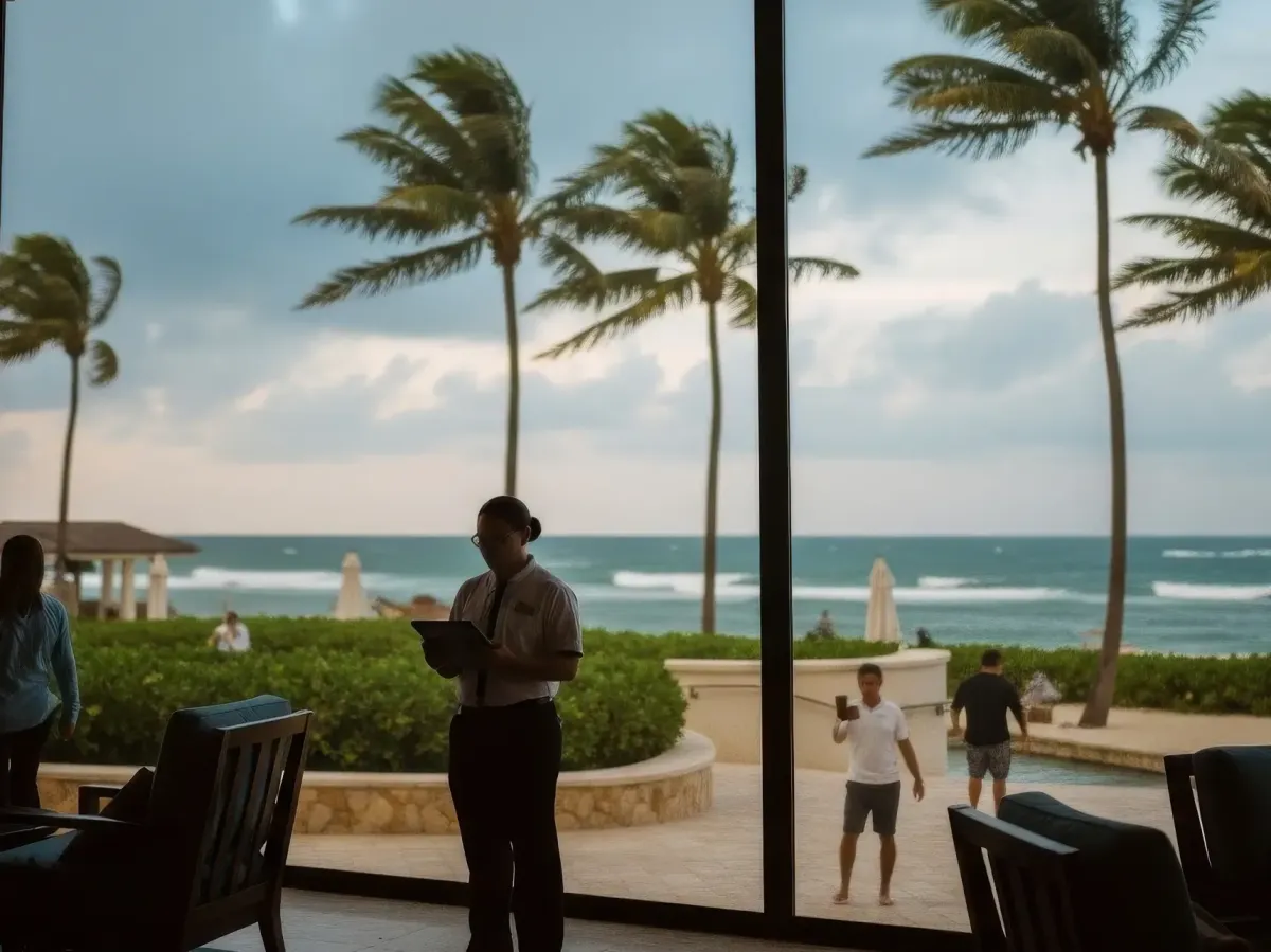MaxForce motorized hurricane screens installed at beachfront hotel and resort outdoor pool deck protecting guest experience during storm season