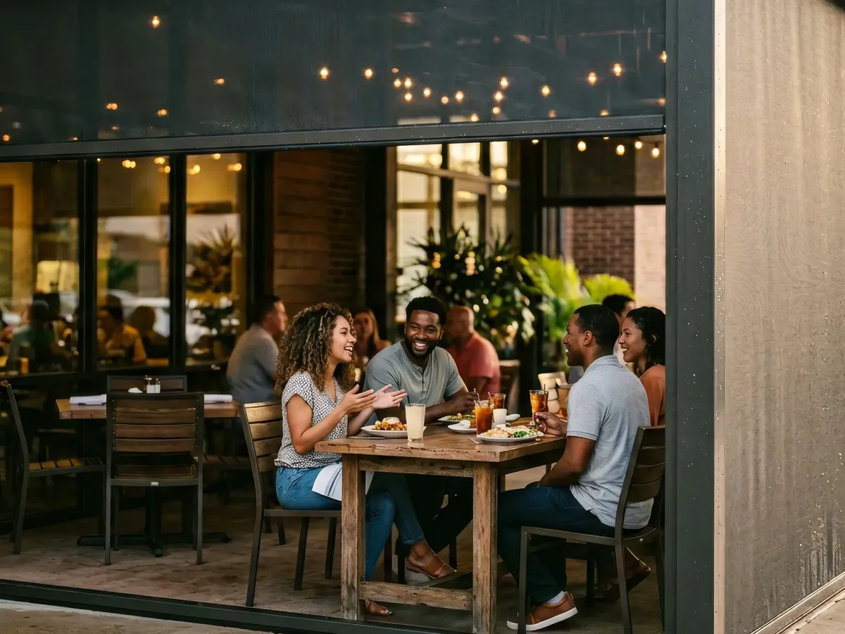 MaxForce hurricane screens protecting commercial restaurant outdoor dining patio with guests during Florida hurricane season