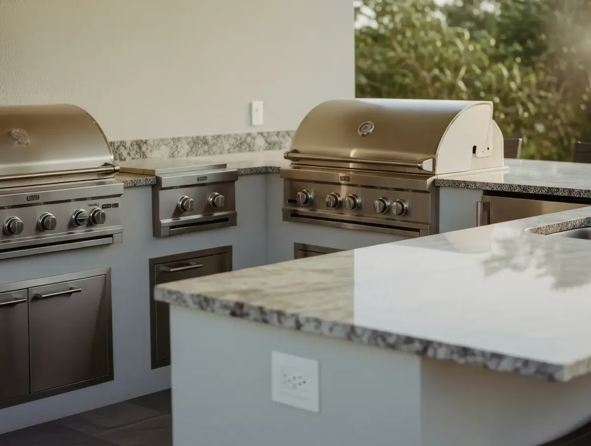MaxForce hurricane screens protecting residential outdoor kitchen with stainless steel grill and entertainment space from hurricane winds