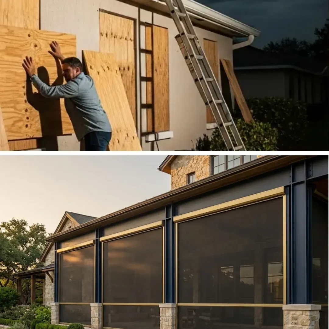 Homeowner scrambling to board up windows with plywood before a hurricane (top) vs. a Florida home with exterior motorized hurricane screens fully deployed and ready for the storm (bottom)