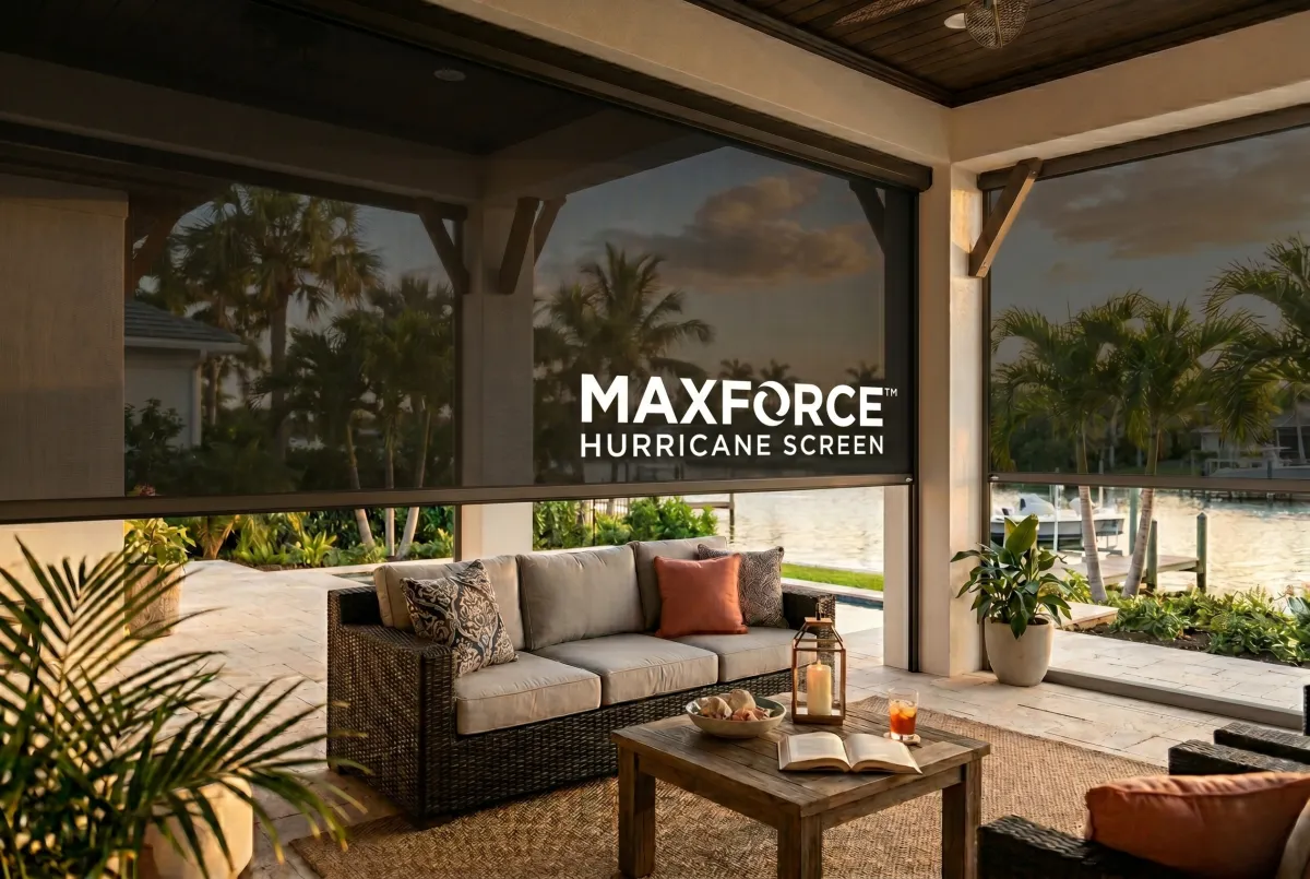 MaxForce motorized hurricane screen partly lowered on a coastal Florida lanai at golden hour
