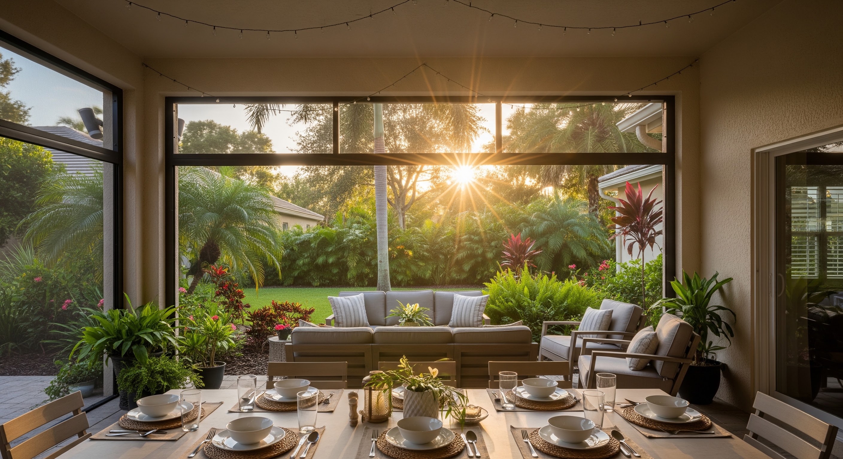 A Florida lanai set up for a Labor Day gathering in early evening light, with an open, unscreened opening showing direct sun exposure and unobstructed insect access — illustrating the everyday conditions this article discusses.