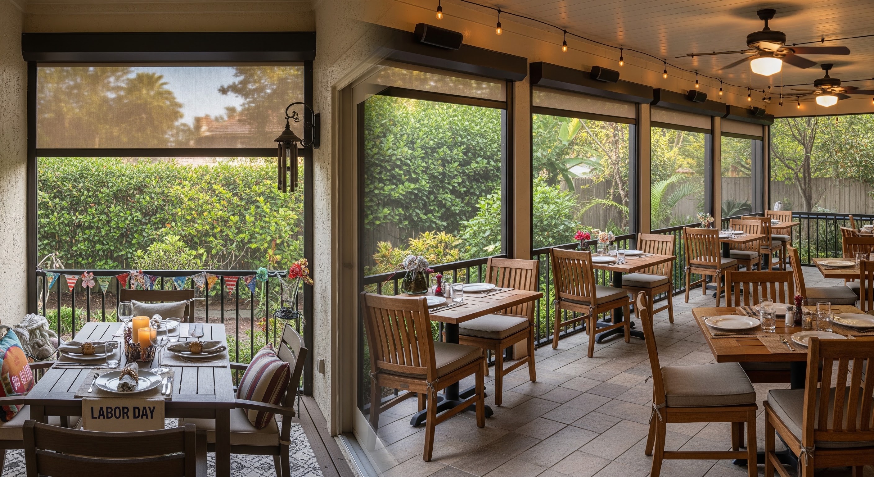 A split composition showing a residential Florida lanai set for a Labor Day gathering on one side and a restaurant patio with outdoor dining seating on the other, both with storm-rated screen enclosures partially visible — illustrating the comparison this article makes.