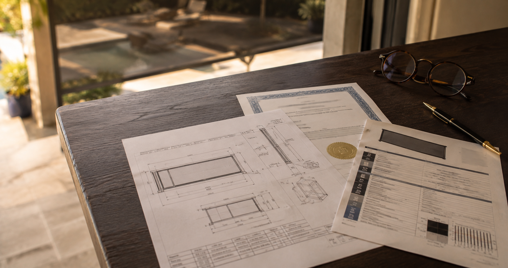Florida Product Approval documentation and a hurricane screen specification sheet on a table beside a lanai with a motorized screen in the background