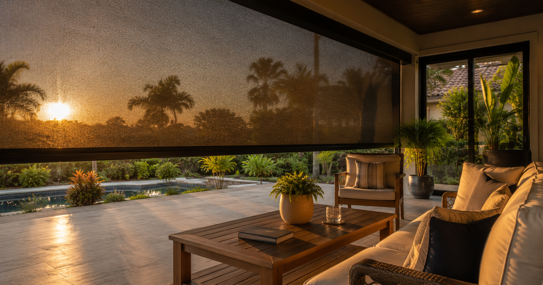Florida lanai with a motorized patio screen lowered against low afternoon sun, furniture arranged for everyday use rather than storm preparation