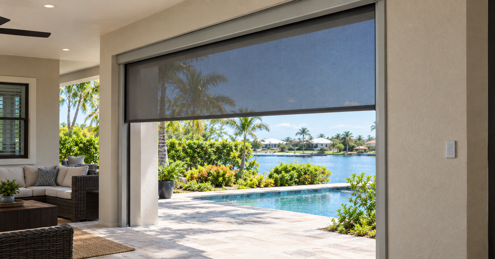 A covered lanai opening onto a canal-front pool with a motorized hurricane screen partially deployed and a wall-mounted control keypad