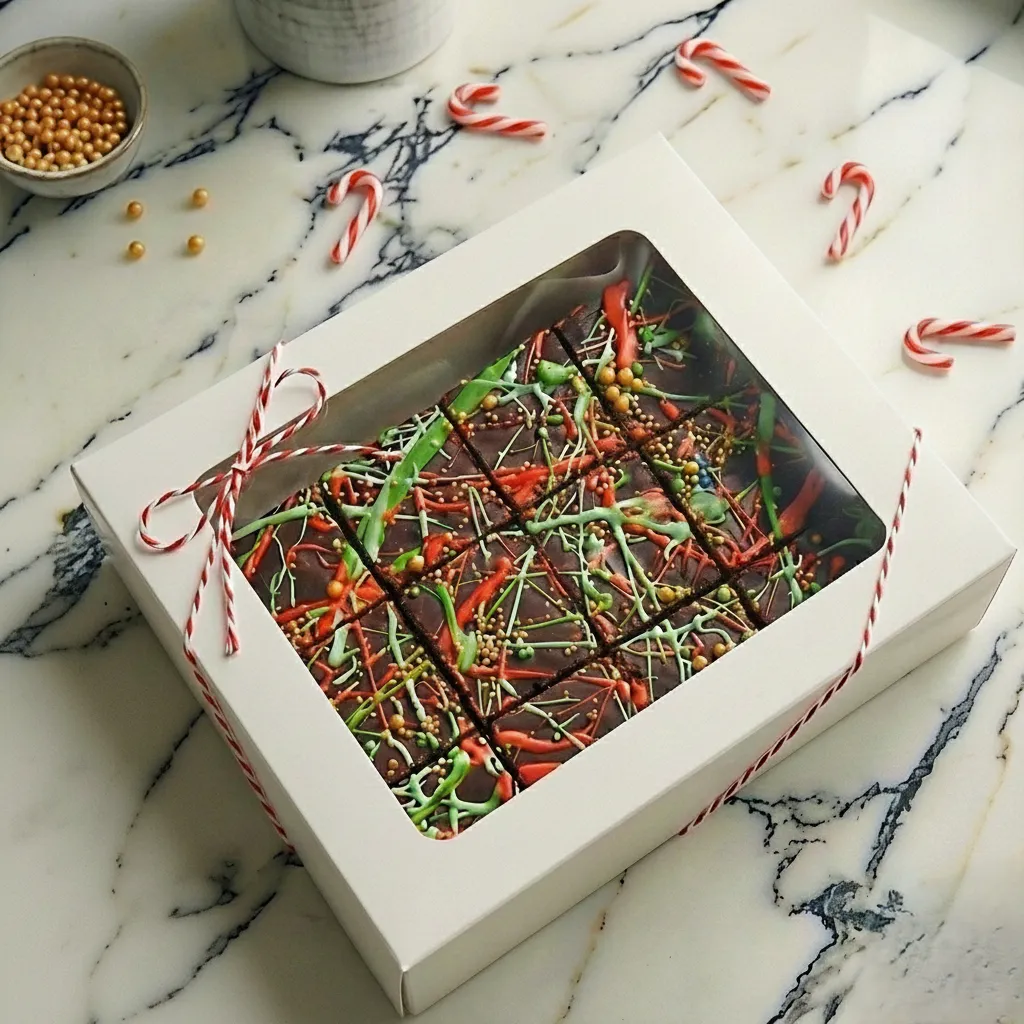 A close-up of a festive dessert platter with handmade cakes, tarts, and cookies, styled on a rustic wooden table with Christmas decorations and a kids' treat pack visible beside it.