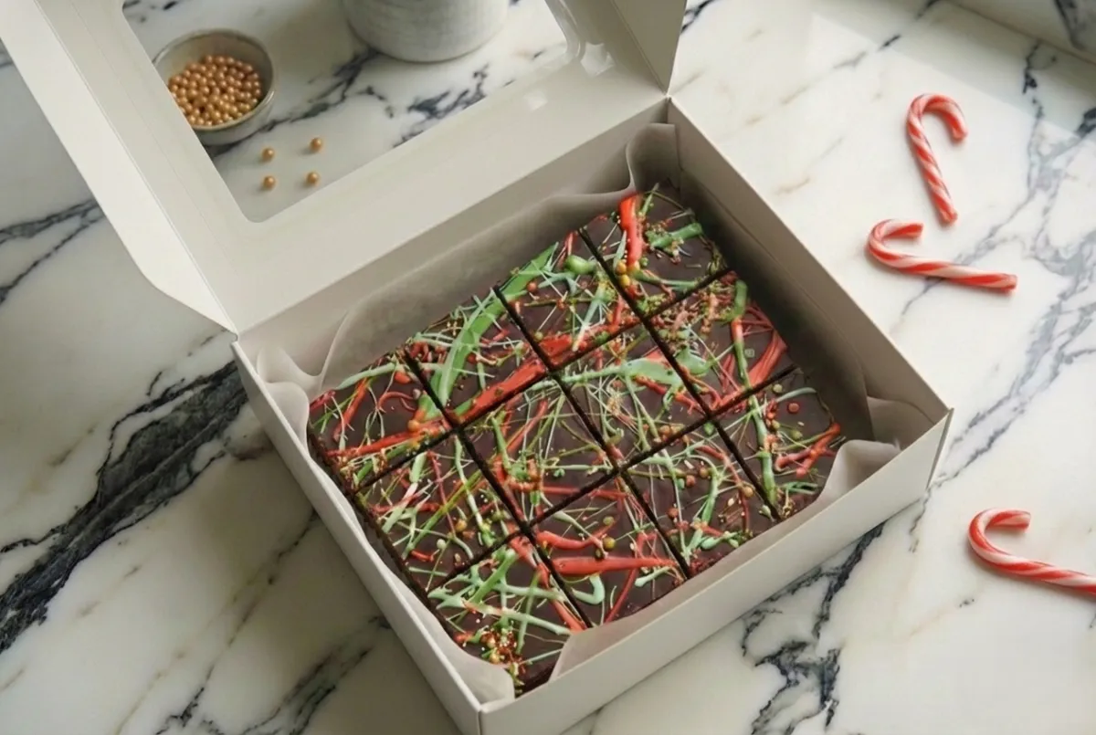A vibrant, overhead shot of a festive Christmas dessert table set in a cozy SE London home, featuring handmade cakes, tarts, and cookies, with twinkling lights and greenery. Diverse family hands reach for treats, capturing a joyful, bustling holiday atmosphere unique to the local community.