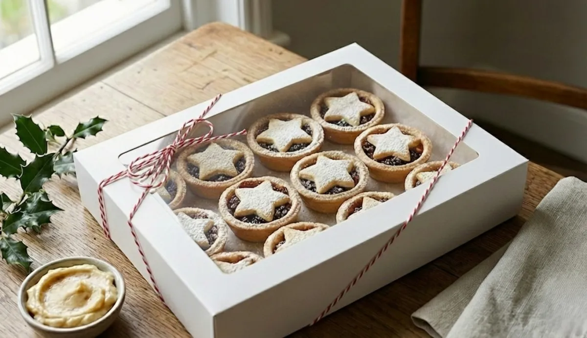 A close-up of a festive dessert platter with handmade cakes, tarts, and cookies, styled on a rustic wooden table with Christmas decorations and a kids' treat pack visible beside it.