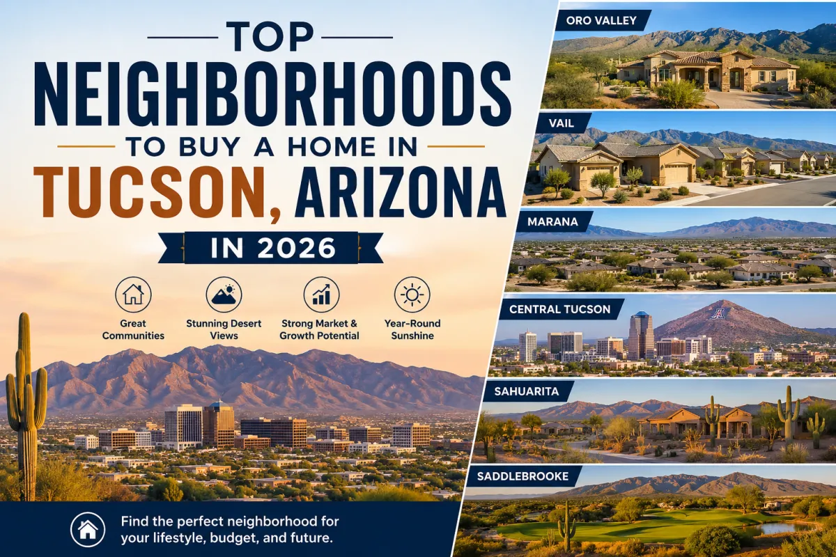 Top Neighborhoods to Buy a Home in Tucson Arizona in 2026 including Oro Valley, Vail, Marana, Central Tucson, Sahuarita, and SaddleBrooke