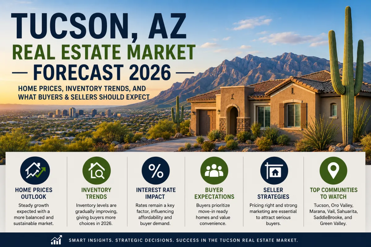 Modern desert home with the Tucson mountain skyline illustrating the 2026 real estate market forecast, including home prices, inventory trends, and buyer and seller insights.