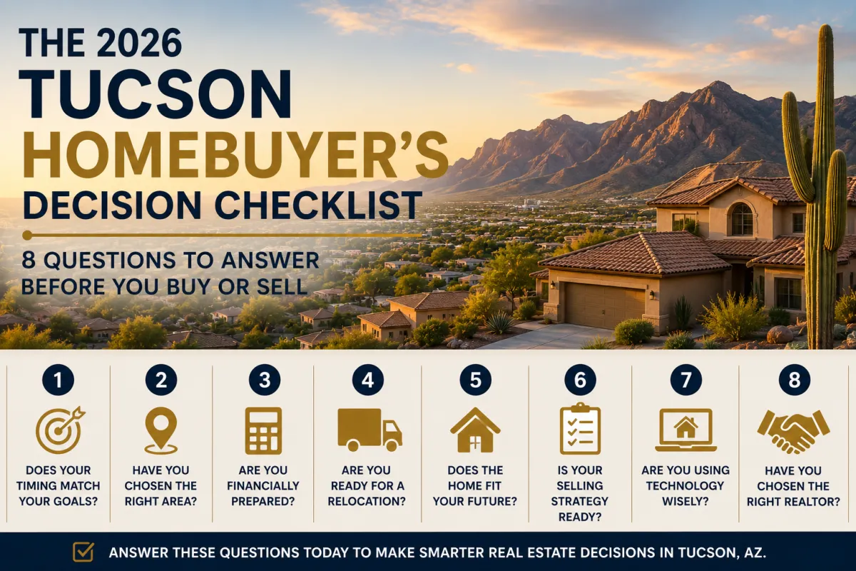 Infographic featuring an 8-step homebuyer's decision checklist for buying or selling a home in Tucson, AZ in 2026