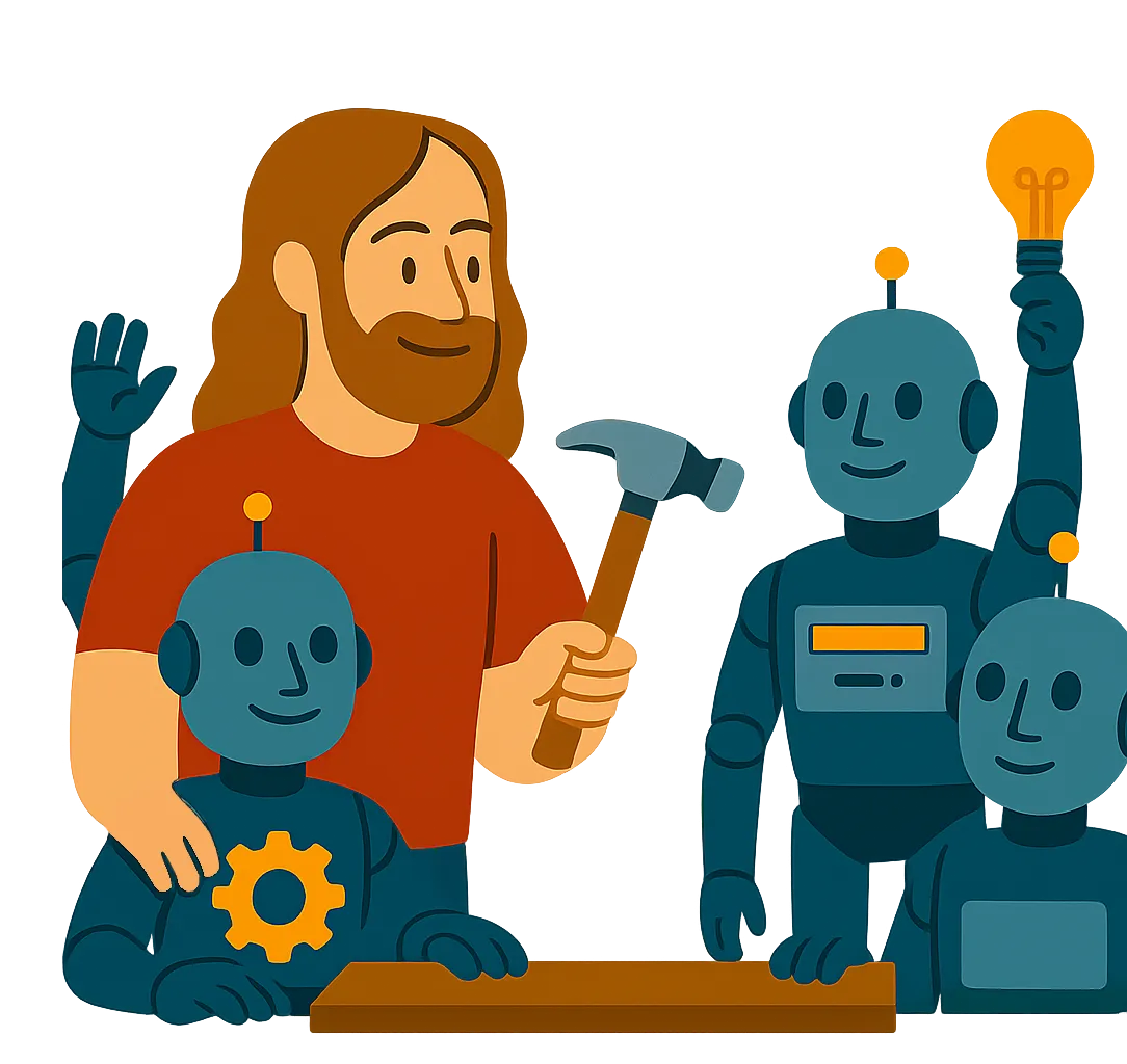 Illustration of a bearded man in a red shirt holding a hammer, surrounded by smiling robots with tools and ideas, representing creative digital services and automation by Loretta Studio.