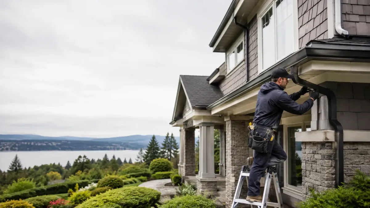 Gutter cleaning technician repairing and cleaning a residential downspout on an upscale Kirkland Craftsman home overlooking Lake Washington.