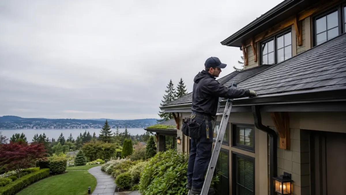 Professional gutter inspection on a luxury Kirkland residence with clean roofing, seamless gutters, mature landscaping, and detailed exterior maintenance.
