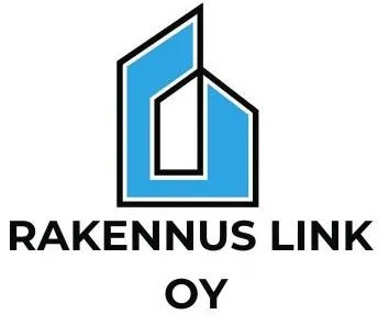 Rakennus Link Oy:n logo, jossa on tyylitelty sininen rakennuskuvio. Logo kuvastaa rakentamiseen ja remontointiin erikoistunutta yritystä, joka panostaa asiakaslähtöiseen palveluun ja laatuun.