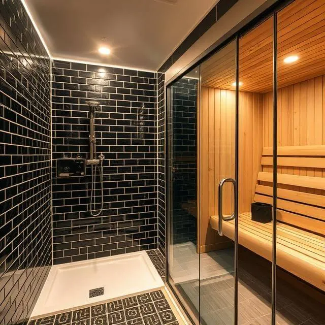  Tyylikäs, mustalla laatalla viimeistelty suihkutila lasiseinällä ja sen vieressä puinen sauna. Laadukas lopputulos kertoo Rakennus Link Oy:n ammattitaidosta kylpyhuone- ja saunaremonteissa