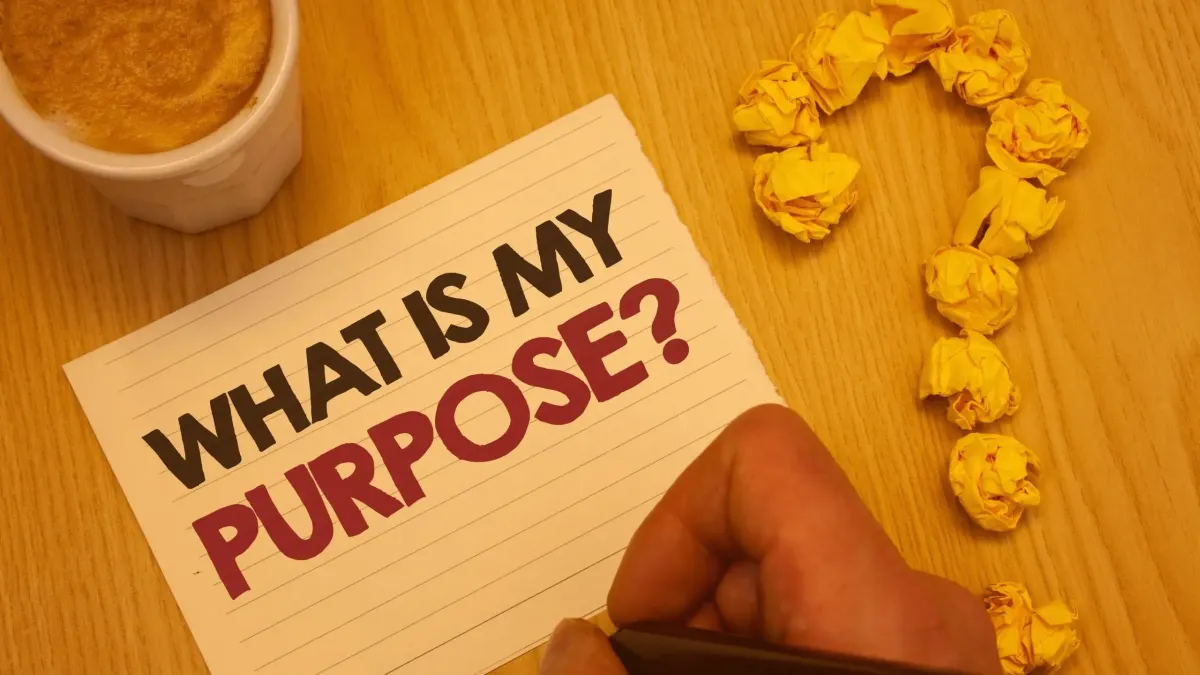 Zettel mit der Aufschrift ‚What is my purpose?‘ und Fragezeichen aus Papier – Symbol für klare Werte, Orientierung und Mission von EV7Media