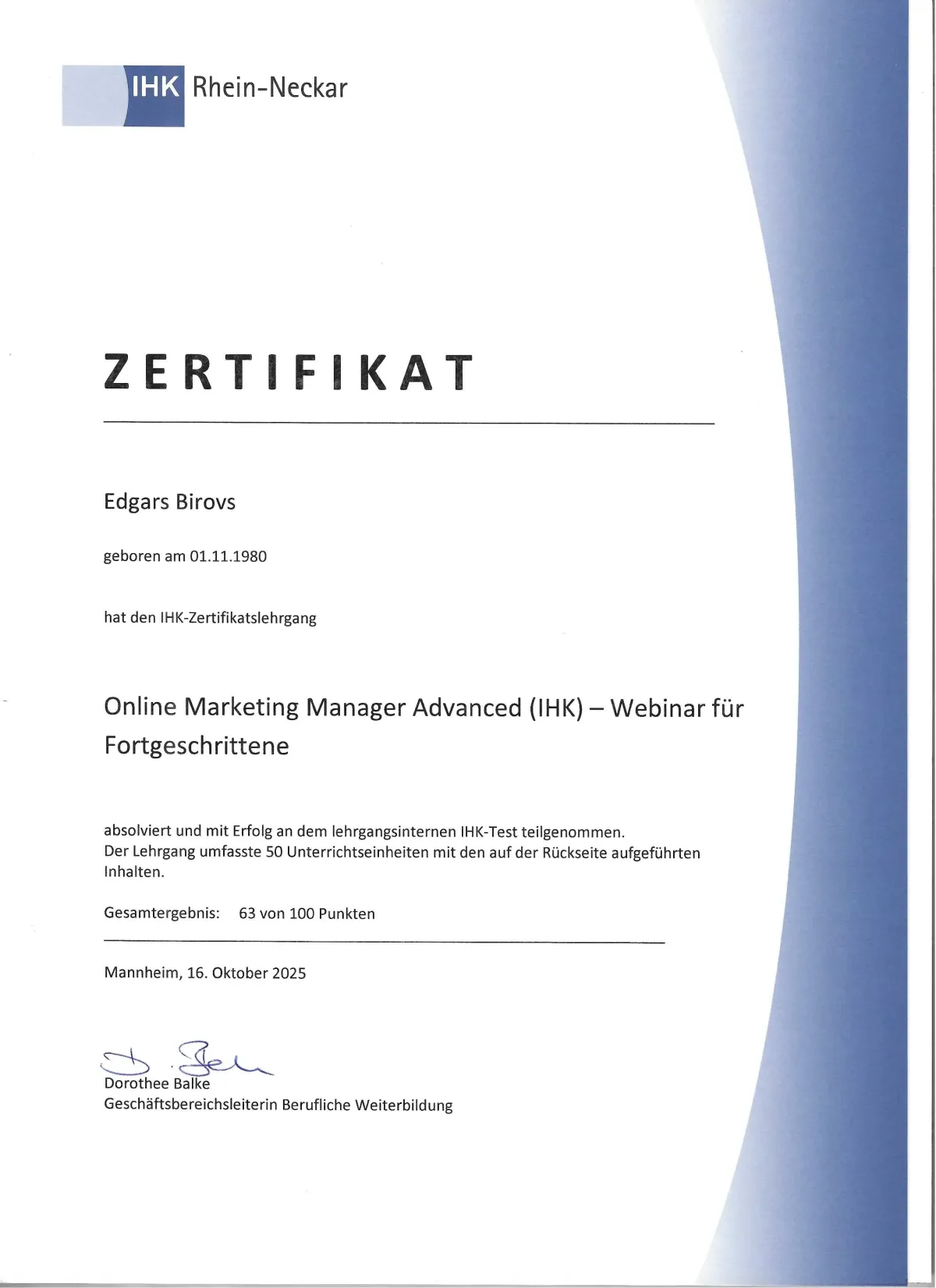 IHK Zertifikat Online Marketing Manager Advanced Edgars Birovs - Fortgeschrittene Marketing-Strategien für KMU