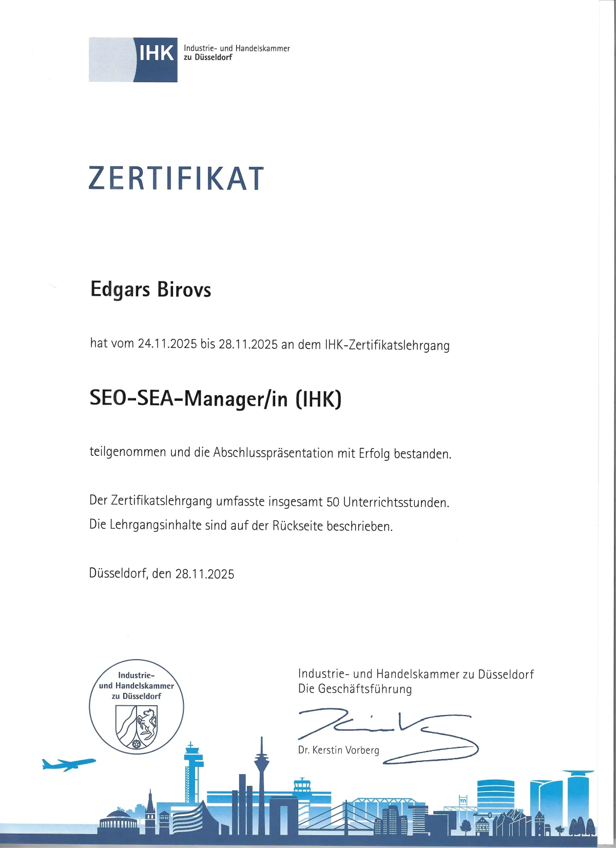 IHK Zertifikat SEO und SEA Manager Edgars Birovs - Geprüfte Expertise für Suchmaschinenoptimierung und Google Ads