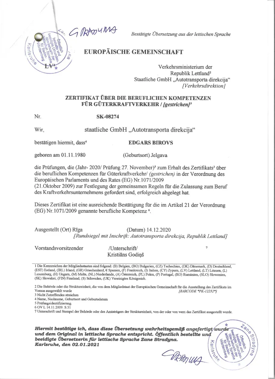 EU-Lizenz Güterkraftverkehr Zertifikat Edgars Birovs Fachkunde Verkehrsleiter
