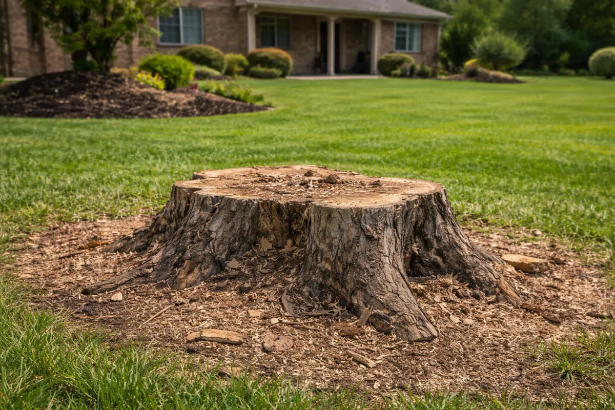 Large tree stump left in residential yard before stump grinding service in North Georgia