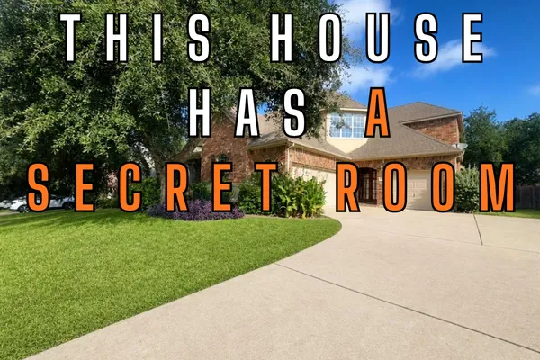 "This House Has a Secret Room" text overlay on exterior photo of 2238 Fernspring Dr home in Round Rock, Texas