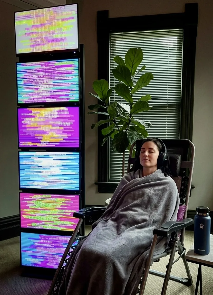 Guest resting under a blanket in a zero-gravity chair beside an EESystem tower
