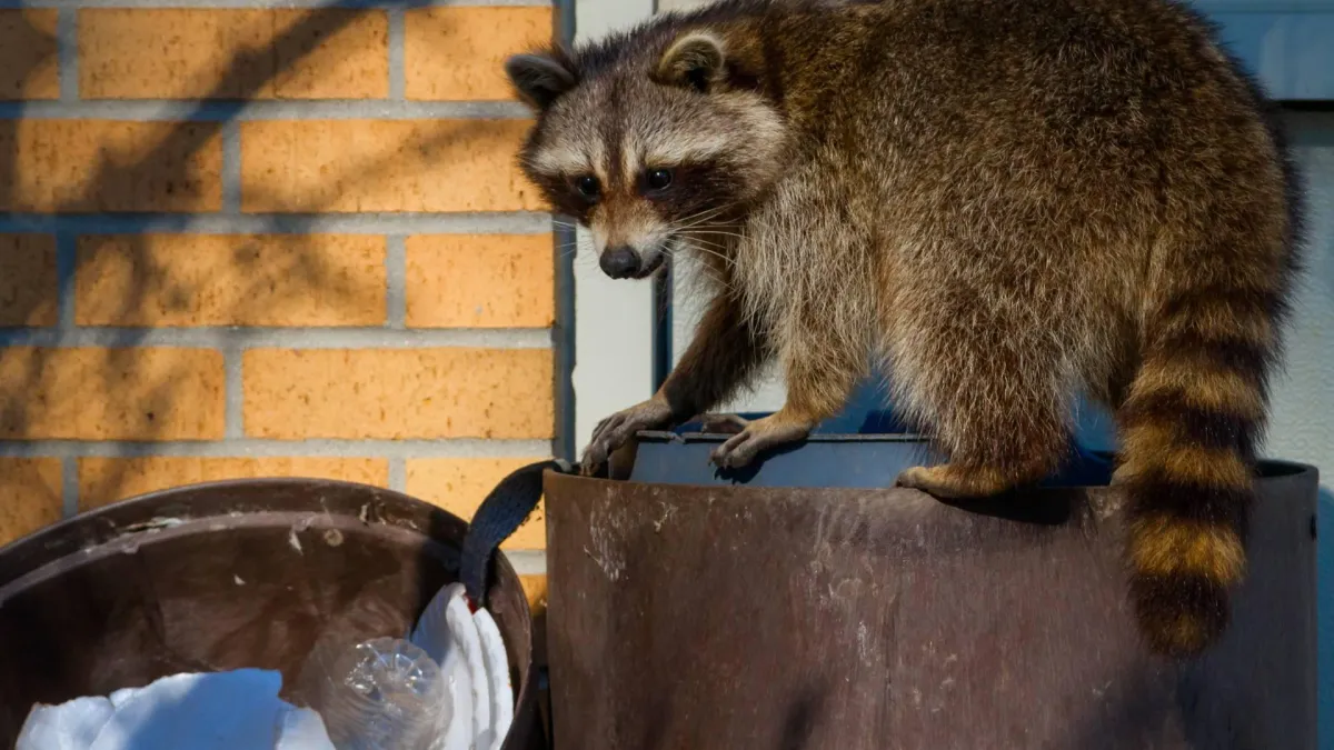 raccoon over a tharsh can ready to be trapped by network pest control 