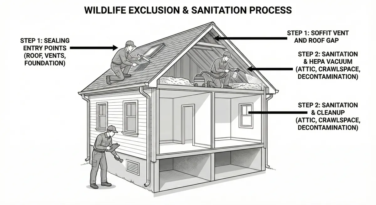 Illustration of a house highlighting wildlife exclusion work including sealed soffit gaps, reinforced gable vents with hardware cloth, metal flashing over foundation gaps, and weather stripping on garage door threshold