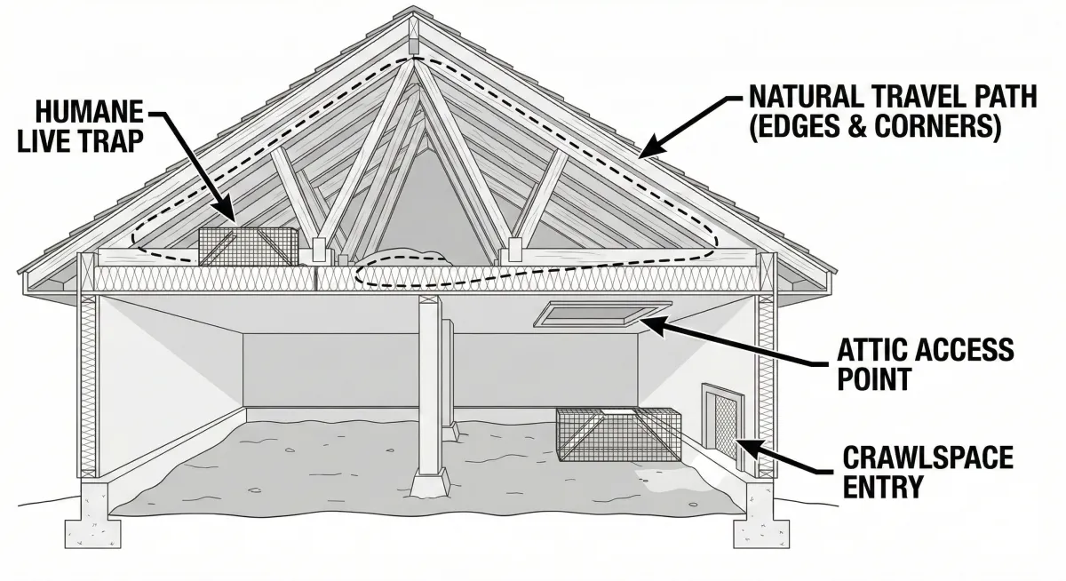 Cross-section diagram of a house showing humane live trap placement along natural wildlife travel paths in the attic and crawlspace entry points