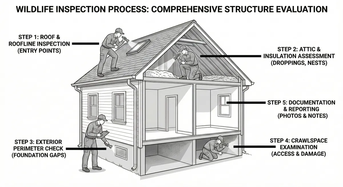 Diagram showing wildlife inspection process including HEPA vacuum for droppings, contaminated insulation identification, disinfectant application, and deodorizing treatment in an attic space