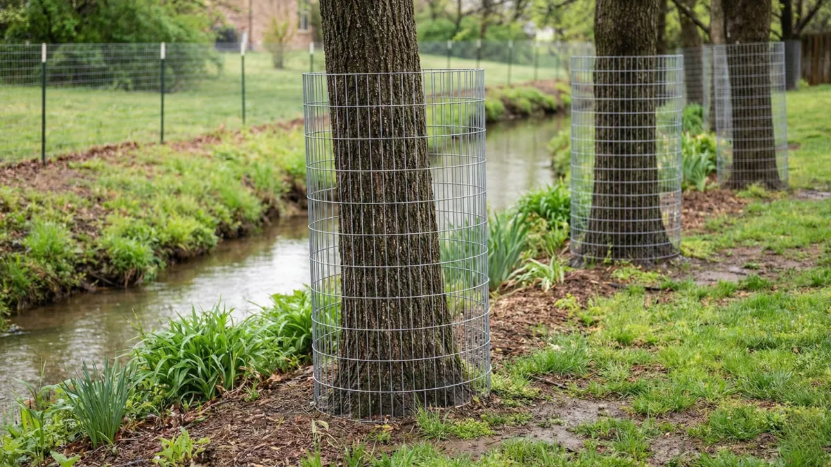 Wire mesh tree guards protecting ornamental trees from beaver damage along a creek bank with exclusion fencing installed on a residential property in Rogers, Arkansas