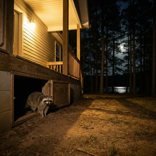 Raccoon approaching a home crawlspace near Beaver Lake in Lowell Arkansas at night