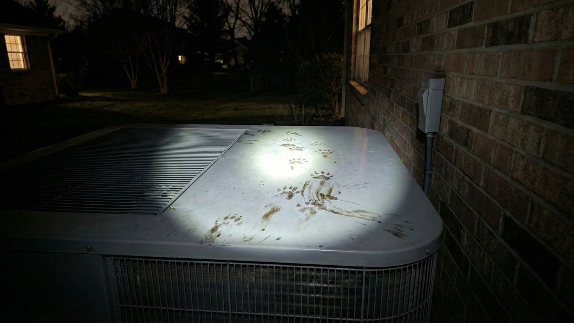 Raccoon tracks on HVAC unit next to a home in Lowell Arkansas indicating wildlife activity
