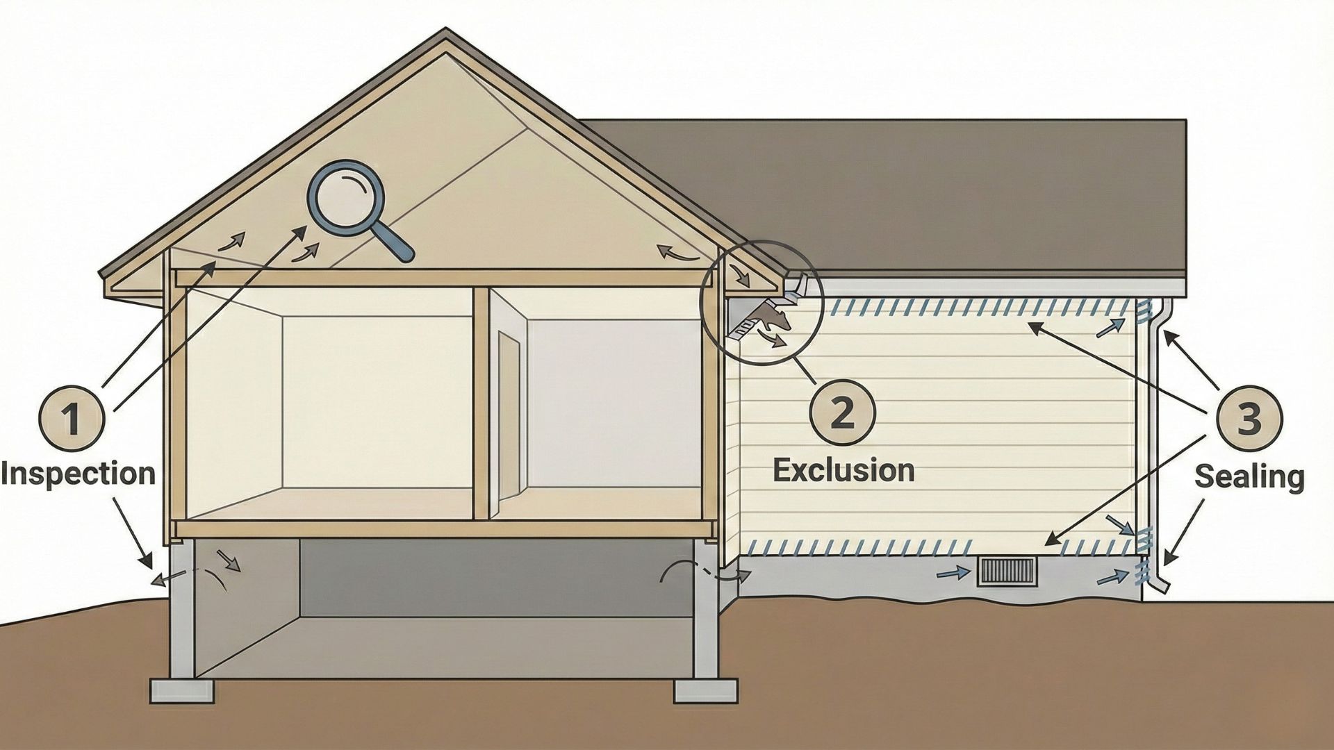 Illustration of the wildlife removal and exclusion process on a lake-adjacent home near Lowell Arkansas