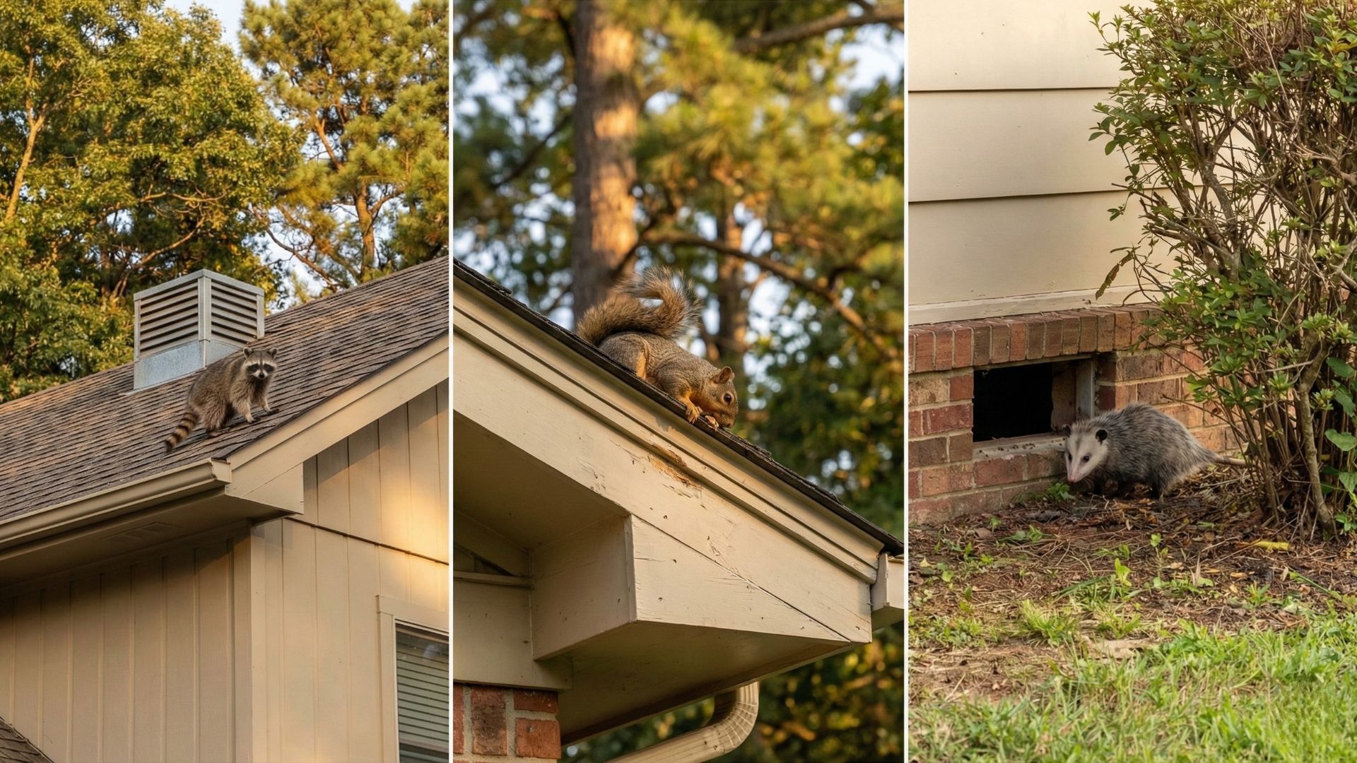 Raccoon on a roofline, squirrel on fascia board, and opossum near a crawl space on homes near Kathleen Johnson Memorial Park in Lowell Arkansas