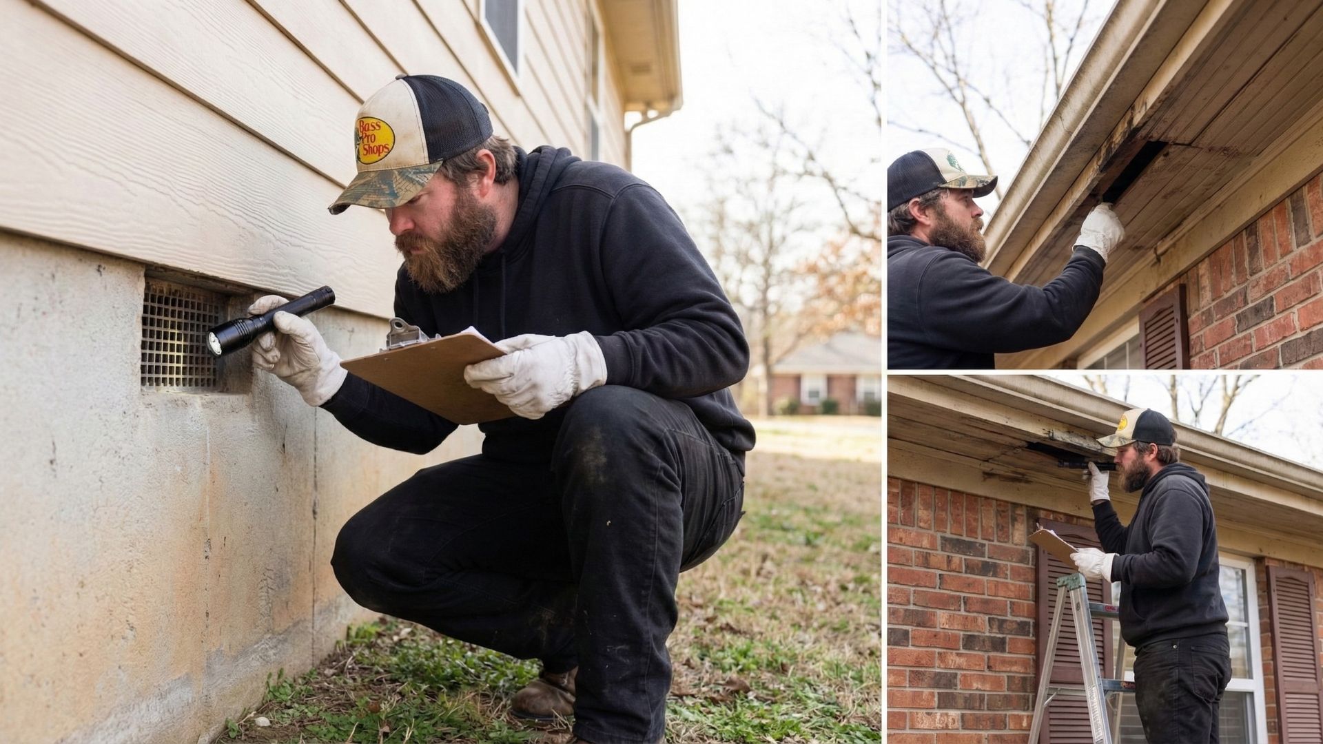 Pest control technician inspecting a home roofline and crawl space vents during a wildlife control visit in Lowell Arkansas