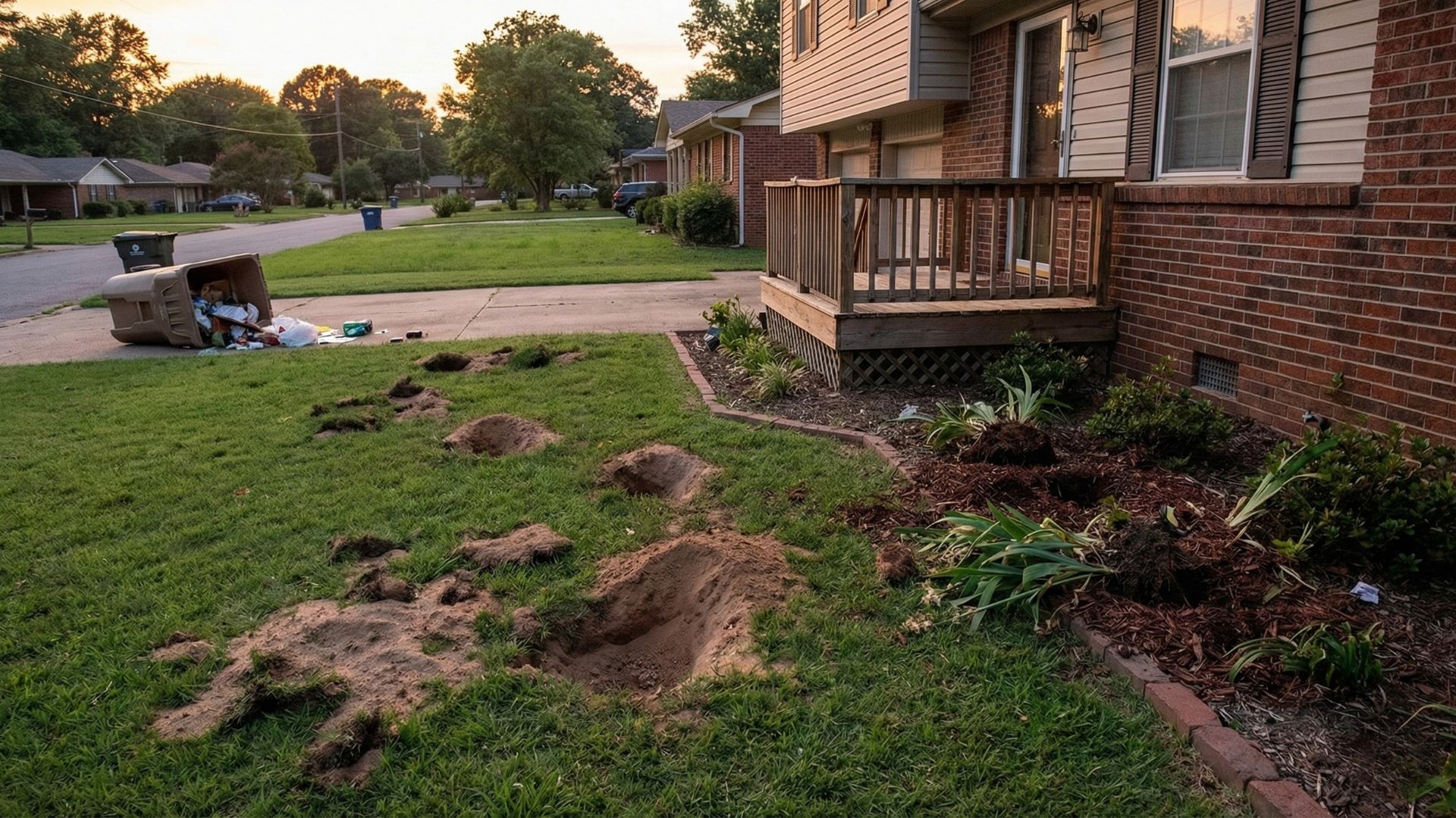 Armadillo digging damage and overturned trash showing wildlife activity on a residential property near the Razorback Greenway in Lowell Arkansas